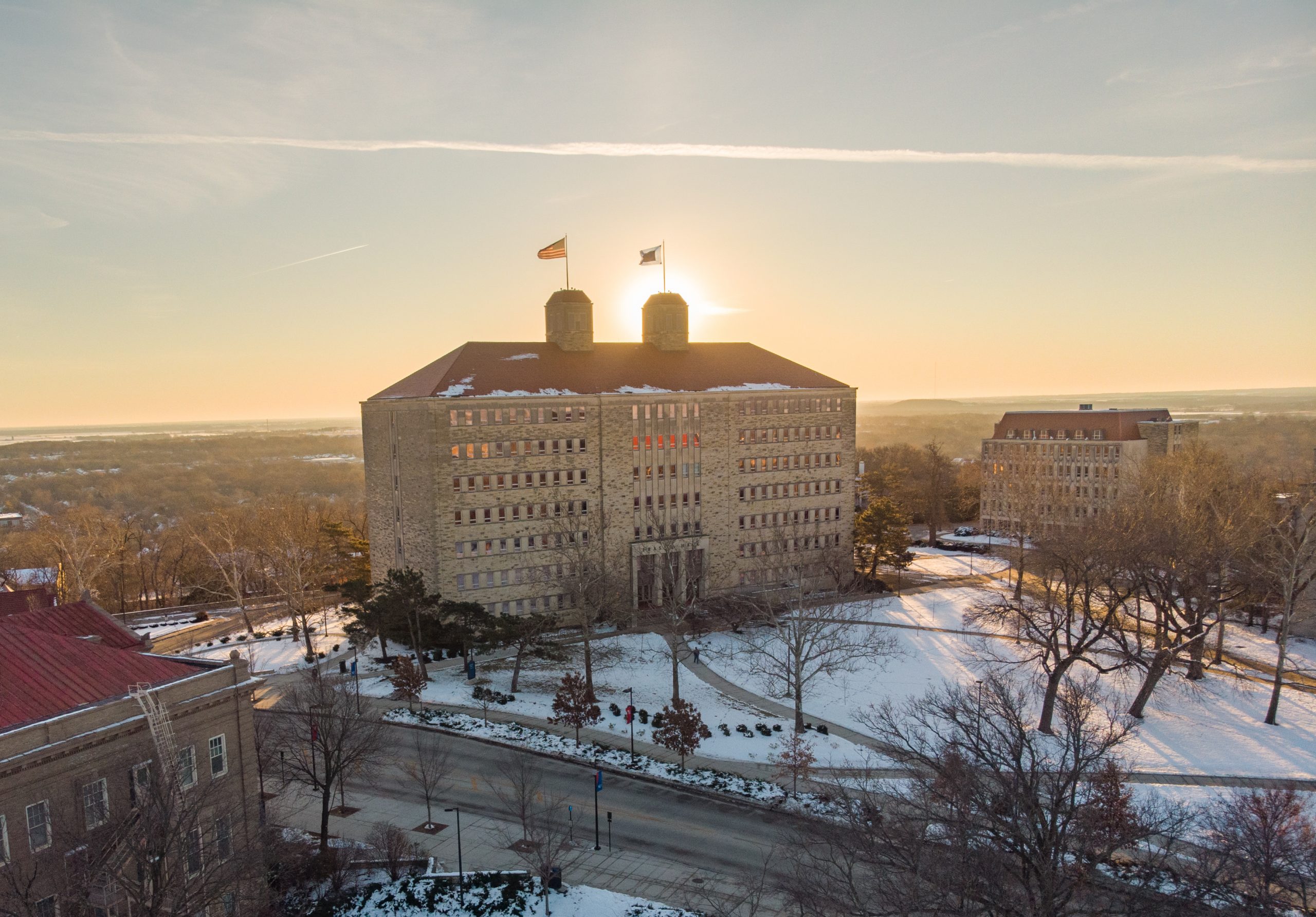 Frasier Hall aerial view in the winter