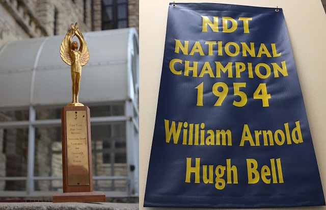 debate trophy and a national champion banner