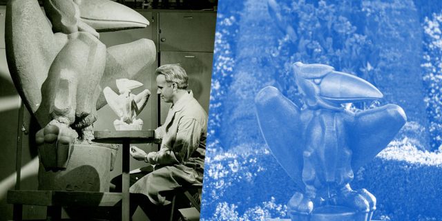 Image to the left shows Prof Teft crafting the Academic Jay that sis outside of Storng Hall. Image to the right shows the Academic Jay outside of Strong Hall with blue overlay.