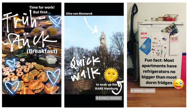 Three pictures: first a buffet of donuts and pastries with a quote saying "Time for work, but first Breakfast"; second a picture of stone statue in a park, a heart emoji and a quote saying "Quick walk" and a location of the Bismark monument; third a picture of a small fridge, a winking emoji, and quote reading "Fun Fact: most apartments have refrigerators no bigger than most dorm fridges"