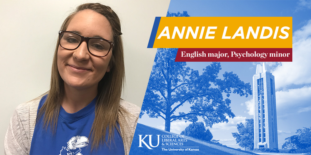 Annie Landis and the Campanille with the text English major, Psychology minor