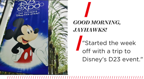 Left: a picture of the Disney Expo banner with Mickey Mouse. Right, text reads: "Started the week off with a trip to Disney's D23 event."