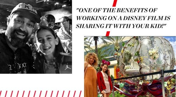 Two pictures: one is black and white and shows Barry and his daughter. The second is a picture of Barry's wife and daughter posing in front of Cinderella's carriage. Text reads: "ONE OF THE BENEFITS OF WORKING ON A DISNEY FILM IS SHARING IT WITH YOUR KID!"