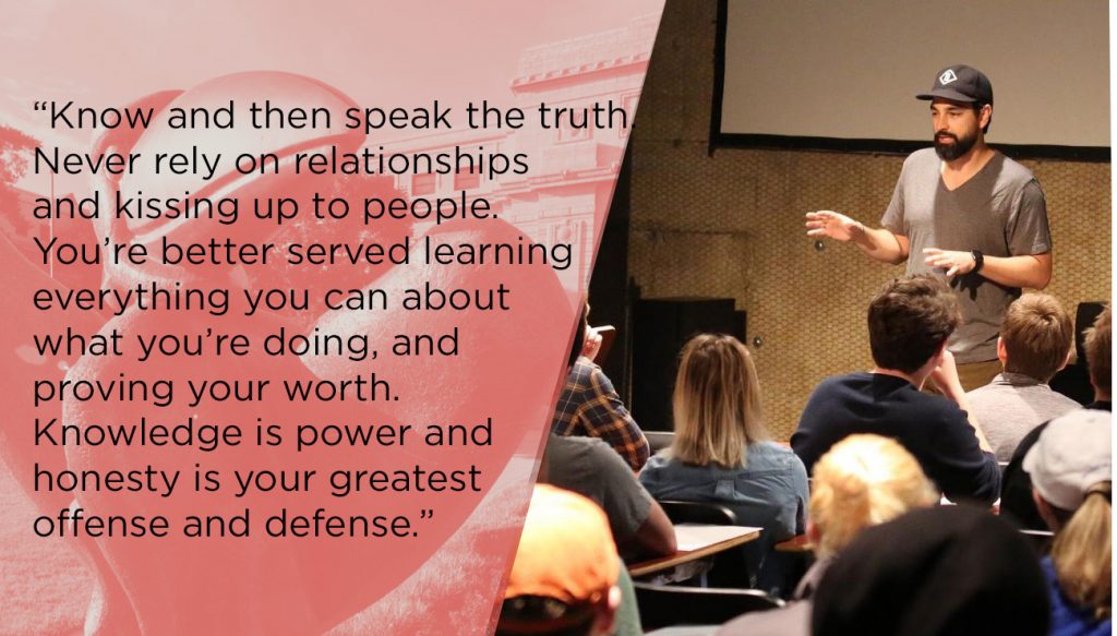 Picture of Barry talking to a classroom and a quote reading: "Know and then speak the truth. Never rely on relationships and kissing up to people. Your better served learning everything you can about what you’re doing, and proving your worth. Knowledge is power and Honesty is ones greatest offense and defense."