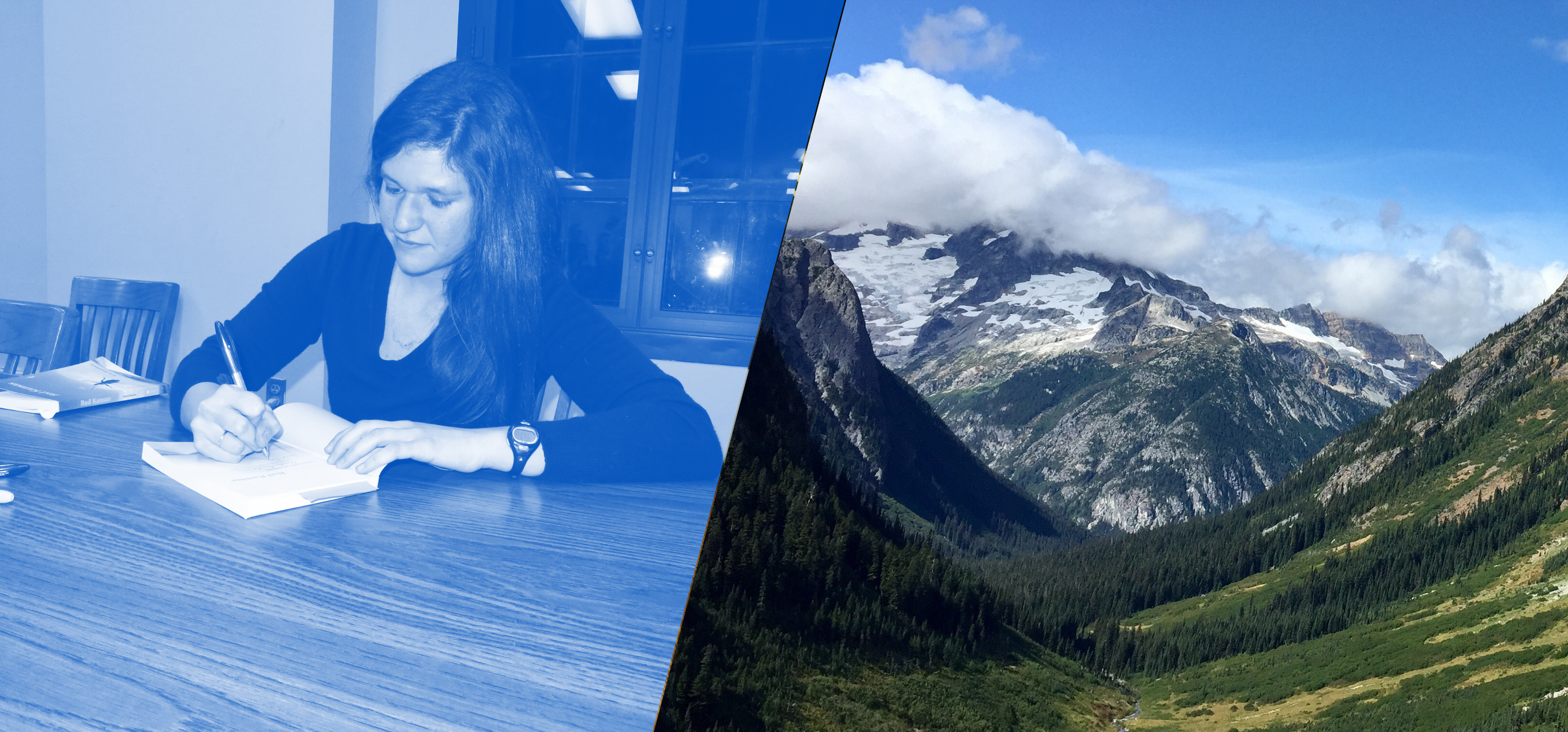 Left: Becky Mandelbaum signing a book. Right: a snow-topped mountain