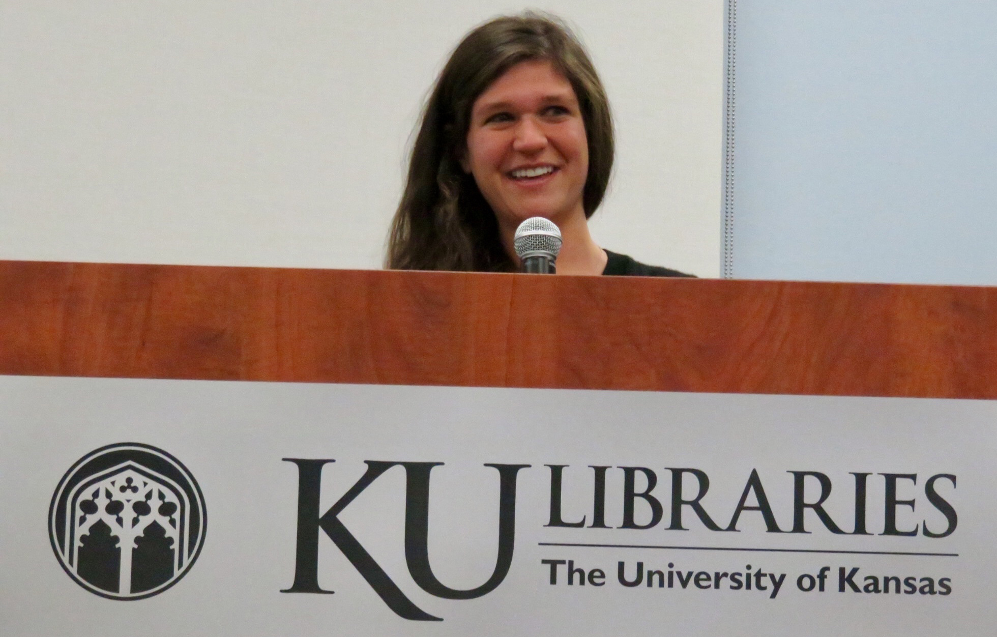 Becky Mandelbaum speaking at the University of Kansas