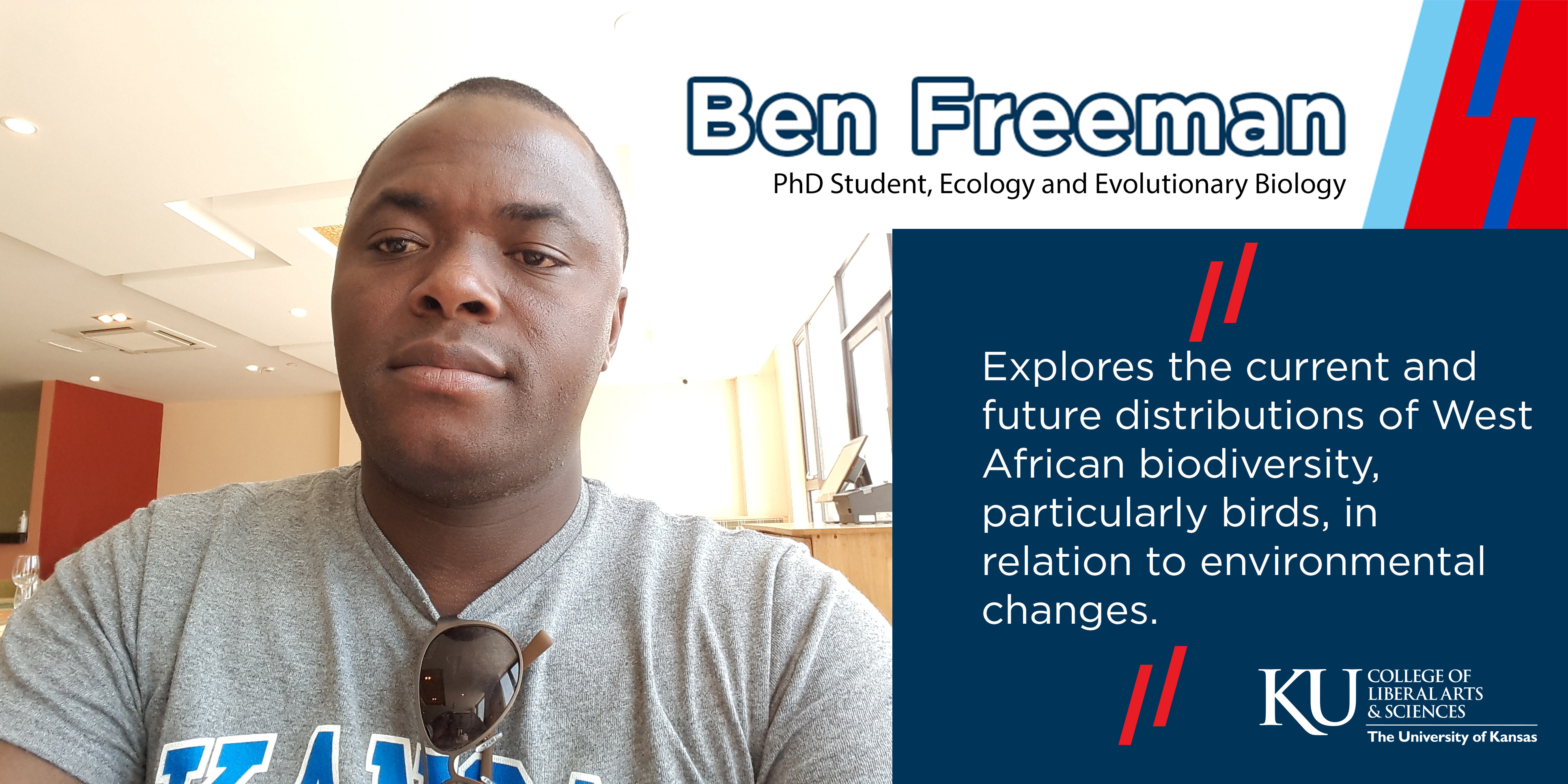 Ben Freeman sits at a desk with the text 'Phd Student, Ecology and Evolutionary Biology. Explores the current and future distributions of West African biodiversity, particularly birds, in relation to environmental changes'