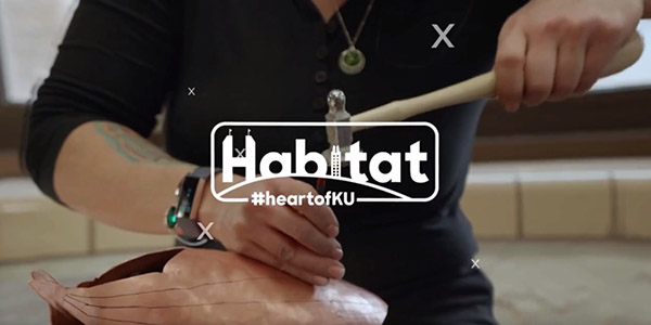 Habitat logo over artist using hammer to create piece