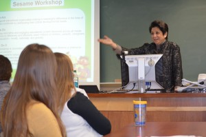 Rosemarie Truglio, senior executive at Sesame Street, spoke with students in two different classes during her 