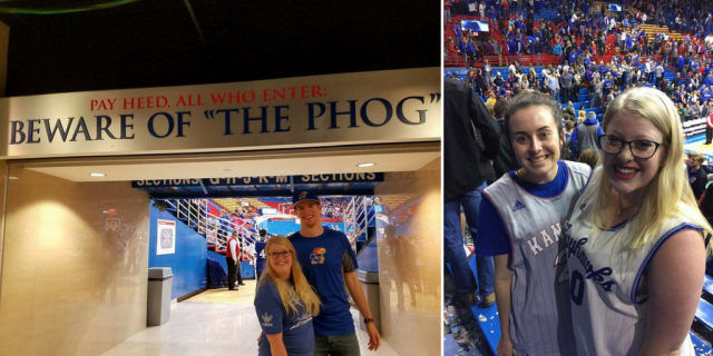 Image on the left ins the entrance to the court at Allen Fieldhouse. Ella Richards and a male student pose in KU t-shirts under the words "Pay Heed, All Who Enter. Beware of "The Phog". Image to the write is Ella Richards and a female student wearing KU basketball jerseys.