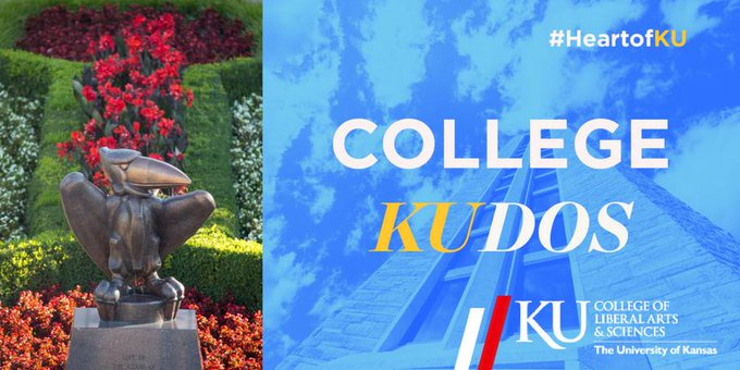 A Jayhawk statue with the words 'College KUdos'