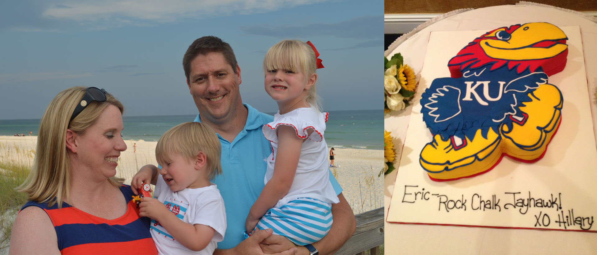 Eric Beightel with family on a beach and a cake shaped like a Jayhawk