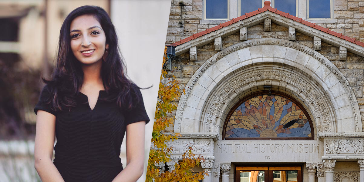 Insia Zufer and the front arch of the Natural History Museum