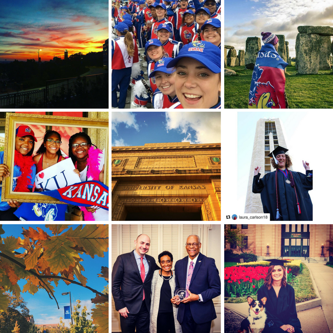 a collage of 9 images from instagram that are related to the University of Kansas