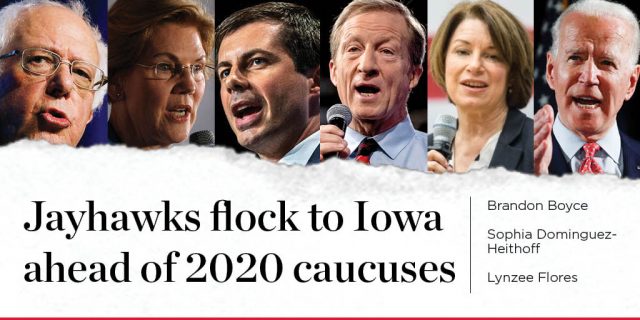 Collage of presidential candidates with the text 'Jayhawks flock to Iowa ahead 2020 caucuses Brandon Boyce, Sophia Dominguex-Heithoff Lynzee Flores'