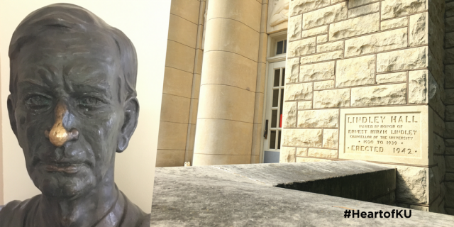 statue of Chancellor Ernest H. Lindley and the front of Lindley Hall