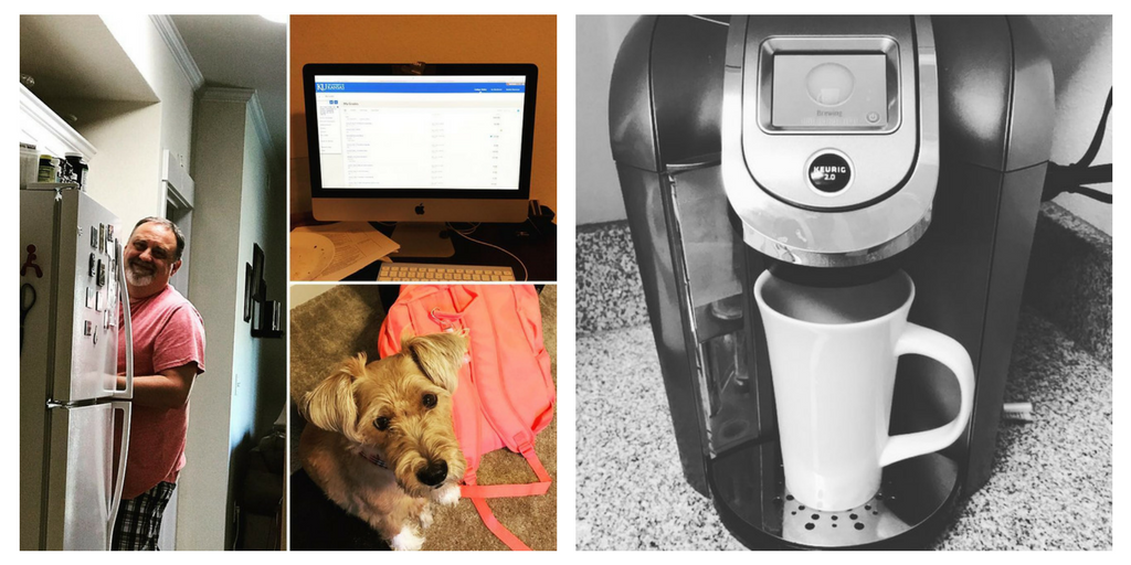 A collage with images of a man smiling by a refrigerator, a dog, a computer screen and a Keurig coffee maker