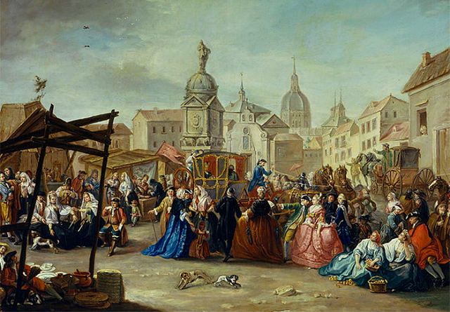 a painting of people in the streets from the late 1700s