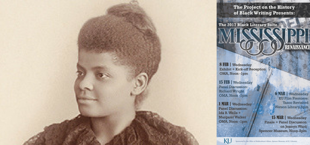 Flier for The 2017 Black Literary Suite Mississippi Renaissance and a black and white photo of Ida B. Wells-Barnett