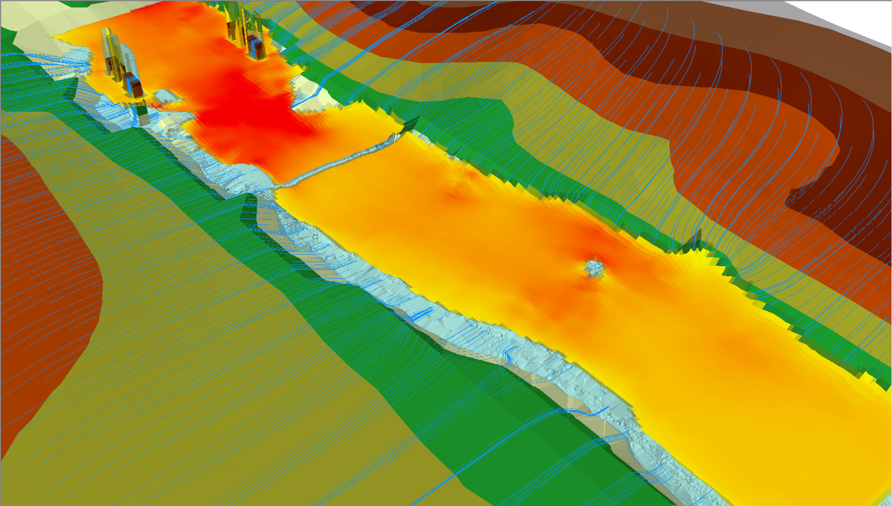 a heat map of a floodplain surrounding a creek or river