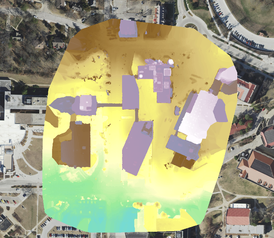 aerial view of the area near the engineering complex of KU with a heatmap