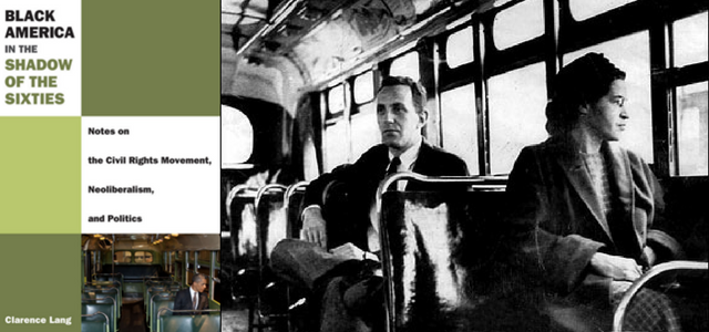 cover of the book 'Black American and the Shadow of the Sixties' and a picture of Rosa Parks on a bus