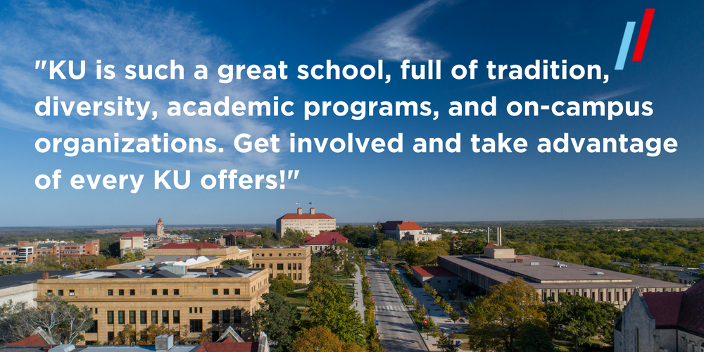 aerial view of campus with the text 'KU is such a great school full of tradition, diversity, academic programs, and on-campus organizations. Get involved and take advantage of every KU offers!'