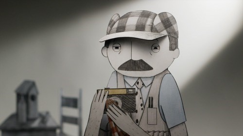 a paper cutout character with a mustache, hat, and camera