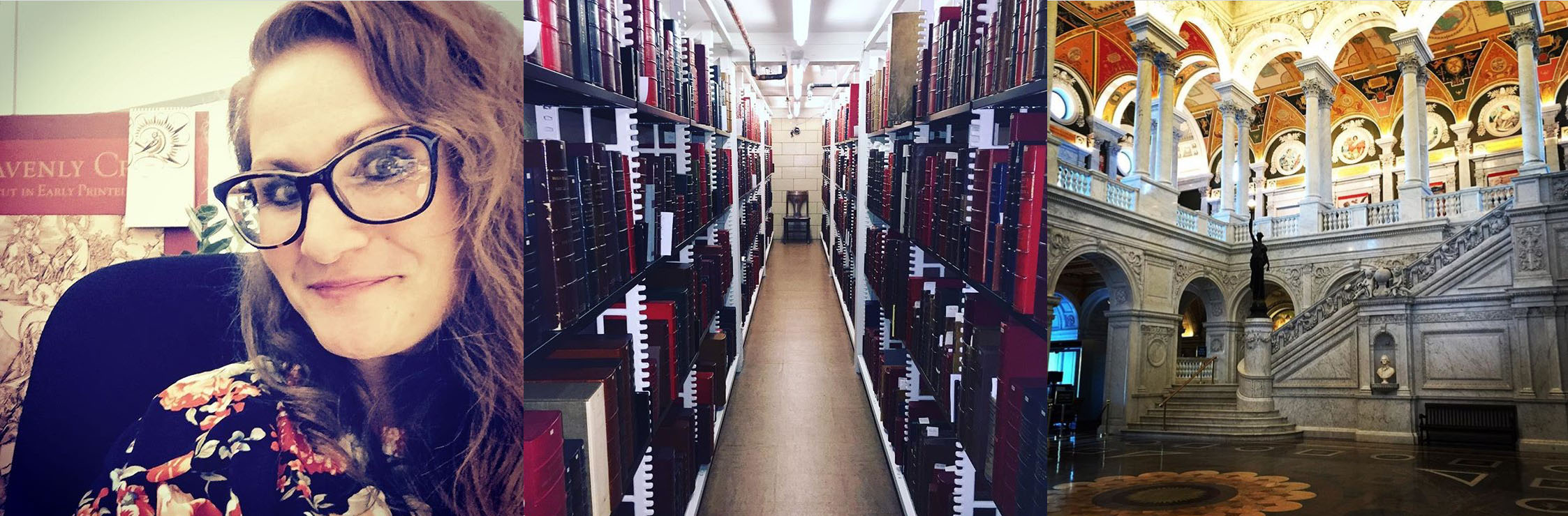 Stephanie Stillo close-up; an aisle of shelves of binders; a large open room with columns in the library