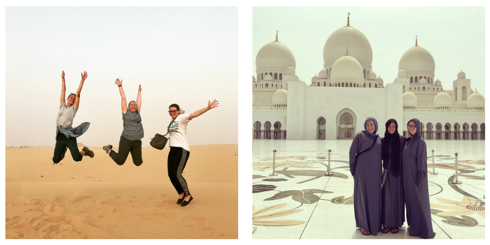 Left: Macie, Symantha, and Katie in the desert. Right: Macie, Symantha, and Katie outside a mosque