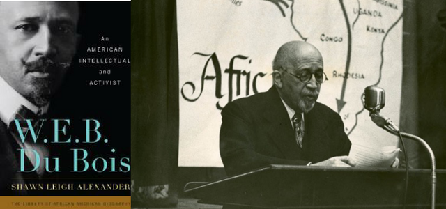 Cover of the book 'W.E.B. Du Bois: An American Intellectual and Activist' and W.E.B. DuBois speaking at a podium