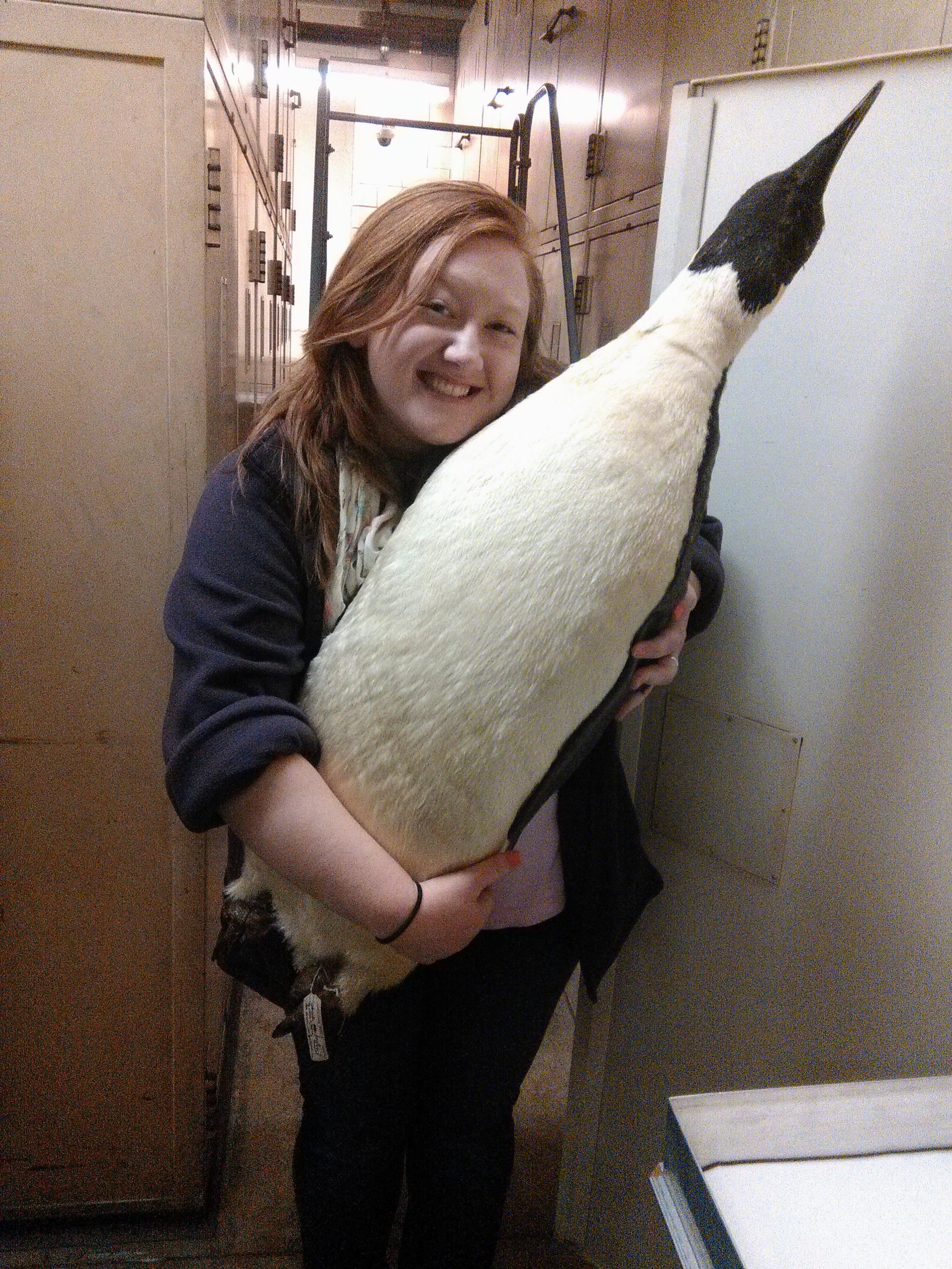 Brittney Oleniacz holding taxidermy penguin