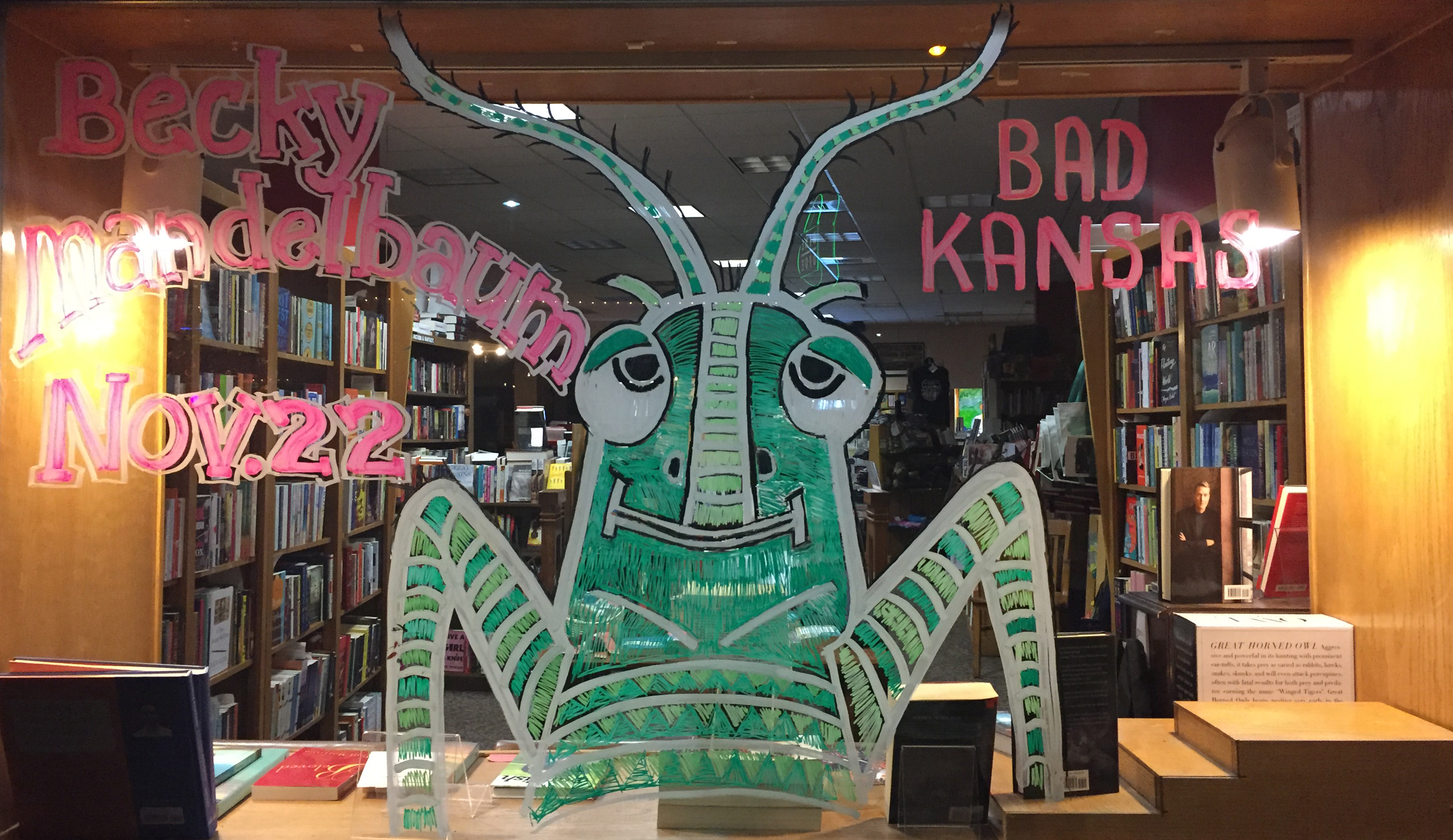 Decoration inside a bookstore for Becky Mandelbaum's book reading