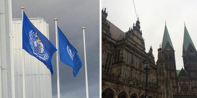 Left: World Health Organization flags on a flagpost. Right: historic building in the UK