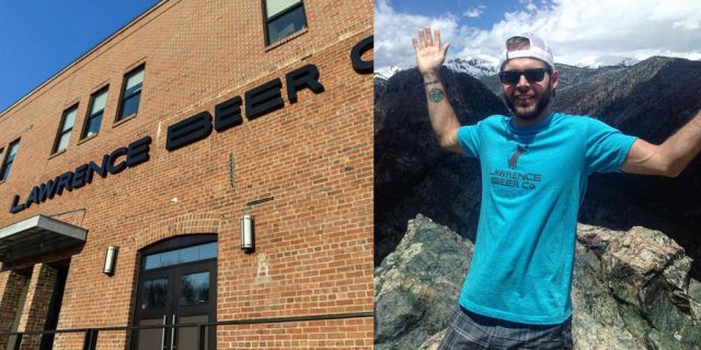 The front of Lawrence Beer Co. and Matt Williams standing on a mountain with a mountain range in the background