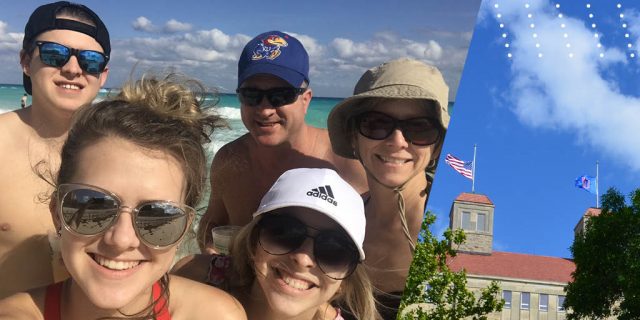 A group of people on a beach and an image a KU campus