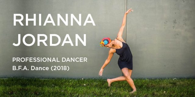 Rhianna Jordan dances in the grass in front of a concrete wall with the text 'Professional Dancer B.F.A. Dance (2018)'