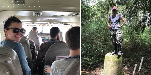 Rachel smiling in a small aircraft with several other people, and Rachel standing on a rock in the jungle