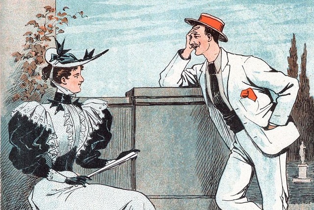 A cartoon drawing of a man flirting with a woman from the early 1900s