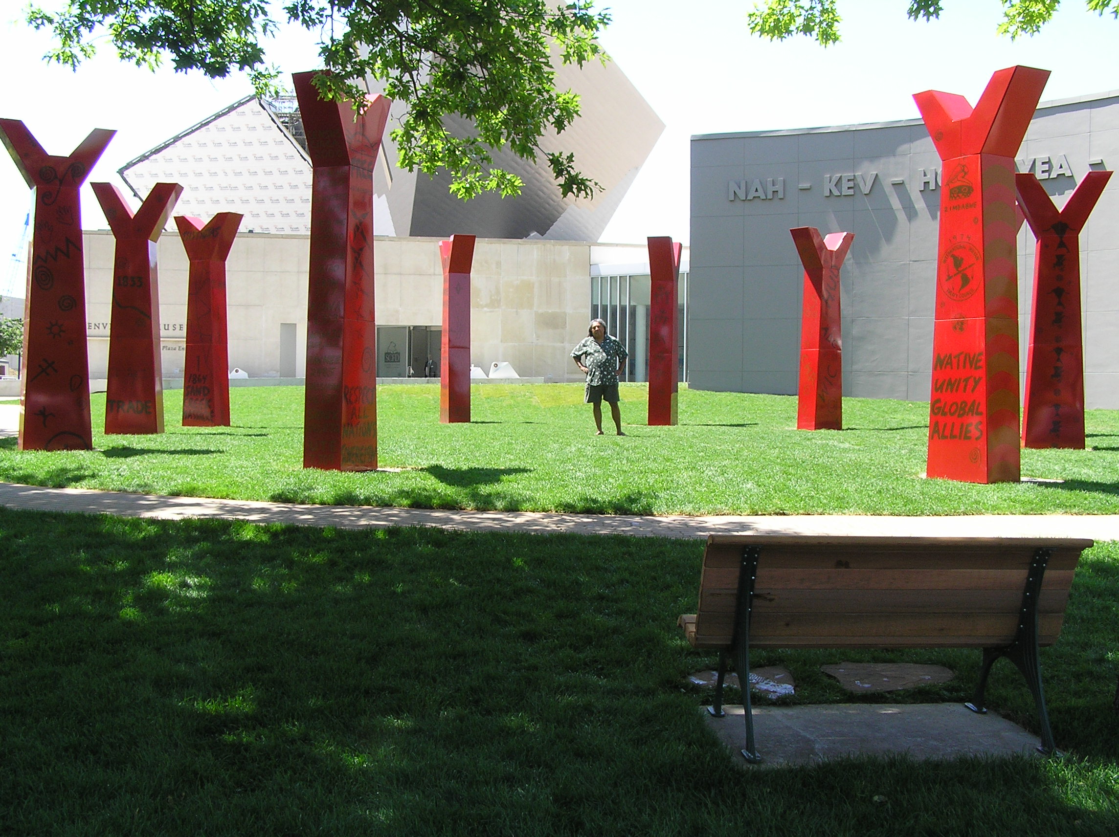 "Tall, Y-shaped structures in grass"