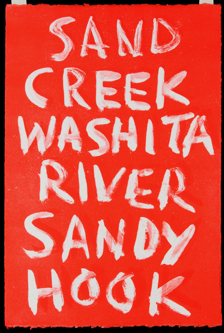 "sign in red that reads 'sand creek washita river sandy hook' "