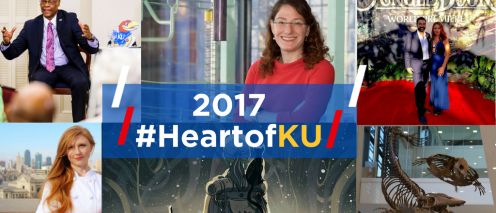 text reading 2017 #HeartofKU over a collage of images of 4 of different people, one of fossils, and one of a drawing