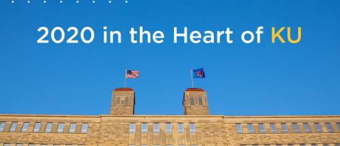 2020 in the Heart of KU text in the sky over a building on campus