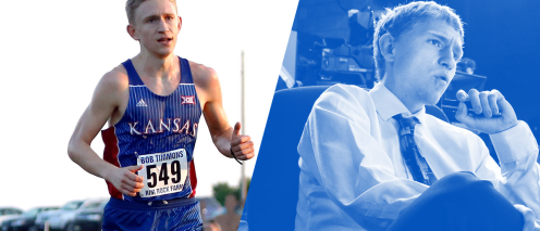 Carson Vickory running in KU track gear in one photo and wearing a dress shirt and tie in another