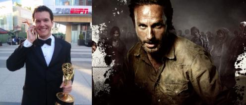 Chris Martin holding an Emmy and a promotional image from the series 'The Walking Dead'