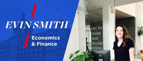 Evin Smith in an office and the text 'Economics & Finance'