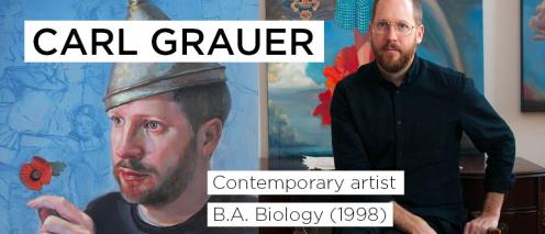 Carl Grauer and a painting of him as the tin man with the text 'Contemporary Artist B.A. Biology (1998)'