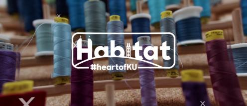 Habitat logo with a background filled with a collection of threads