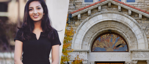 Insia Zufer and the front arch of the Natural History Museum