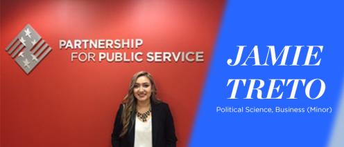 Jamie Treto in front of a sign for the Partnership for Public Service with text on the image reading 'Political Science, Business (Minor)'